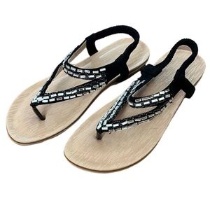 Black Size 8 Crystal Embellished Bohemian Sandals Casual Beach Coastal Grandma